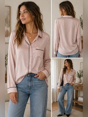 Blush Pink Satin Blouse with Black Piping – Button Front Size M